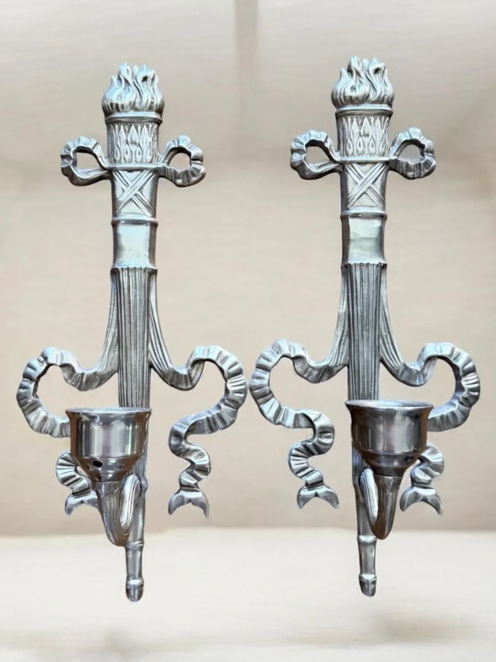 Gold brass Ribbon Torch Wall Sconces - Pair candle holders vintage
